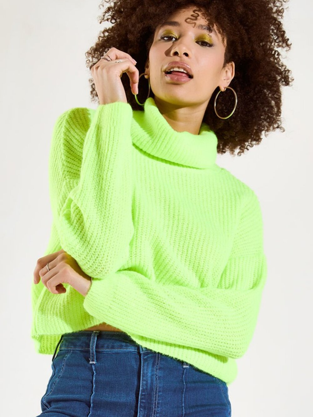 Francesca's Elizabeth Neon Yellow Turtleneck Pullover Cable Sweater Size S